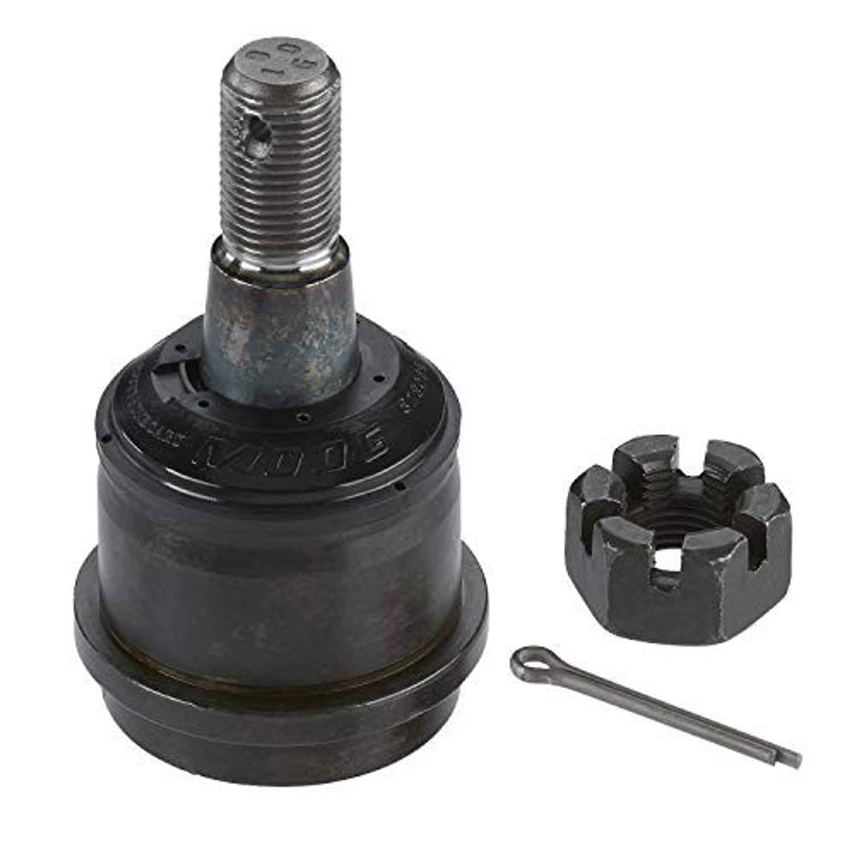 Front upper suspension ball joint with black housing, threaded stud, and included pin
