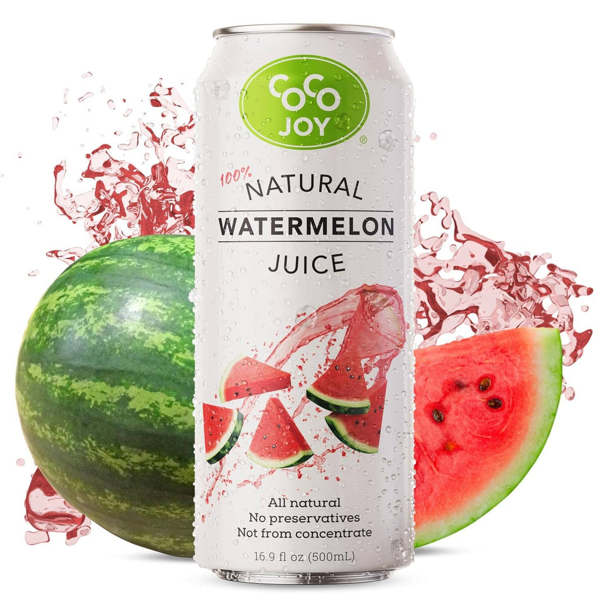 Coco Joy natural watermelon juice can with watermelon slices and splashes, 16.9 fl oz (500 mL)