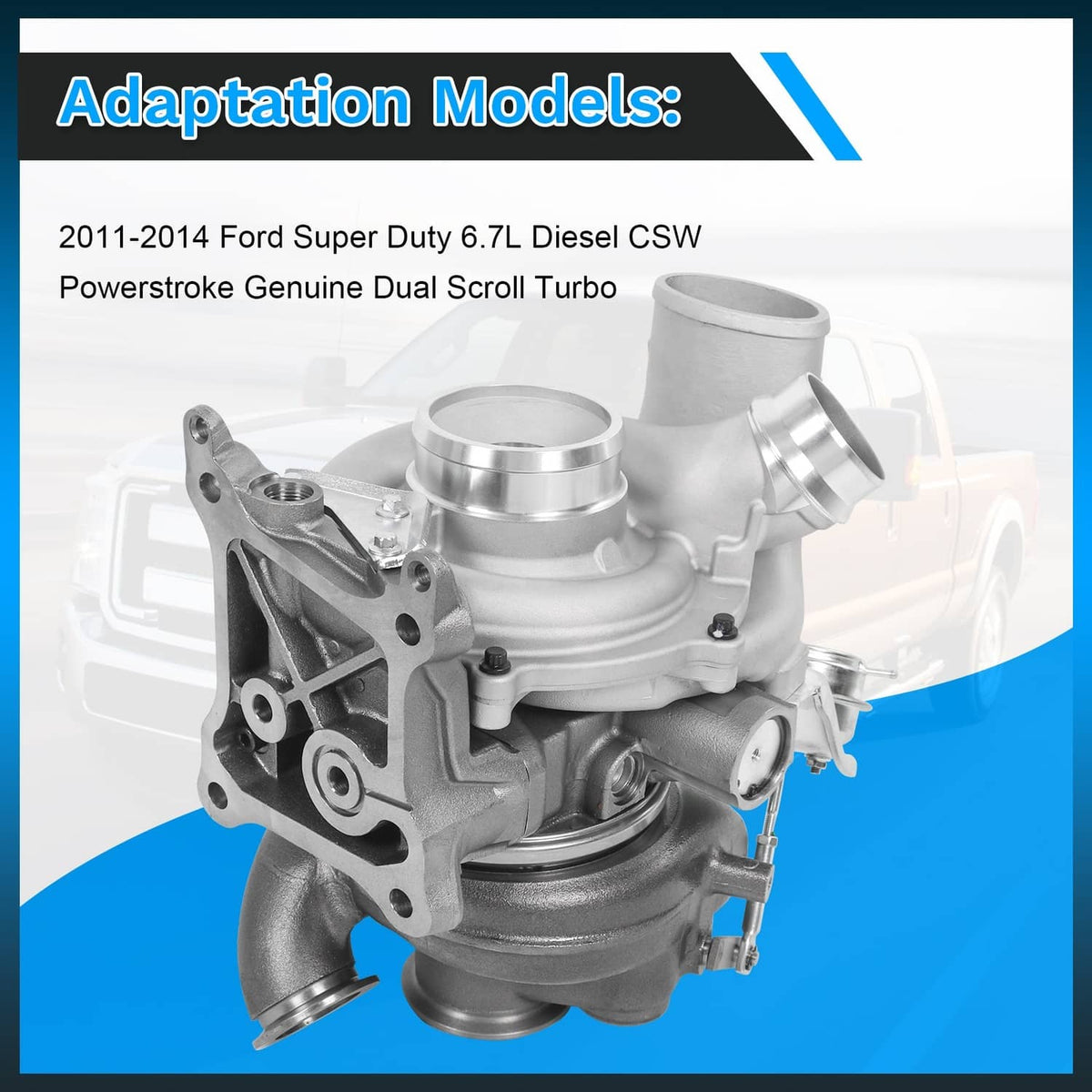 Turbocharger assembly with silver compressor housing and exhaust flange, dual-scroll design