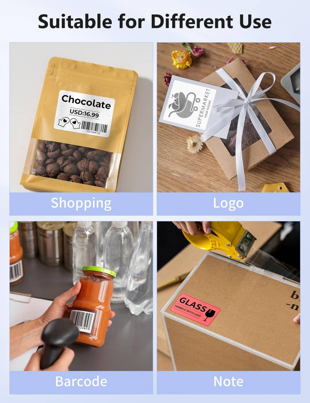 Thermal shipping label samples for shopping, barcode, logo, and note