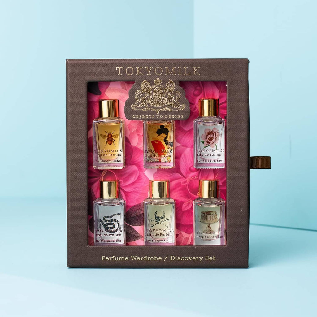 Brown TOKYOMILK perfume wardrobe discovery box with six mini eau de parfum bottles inside