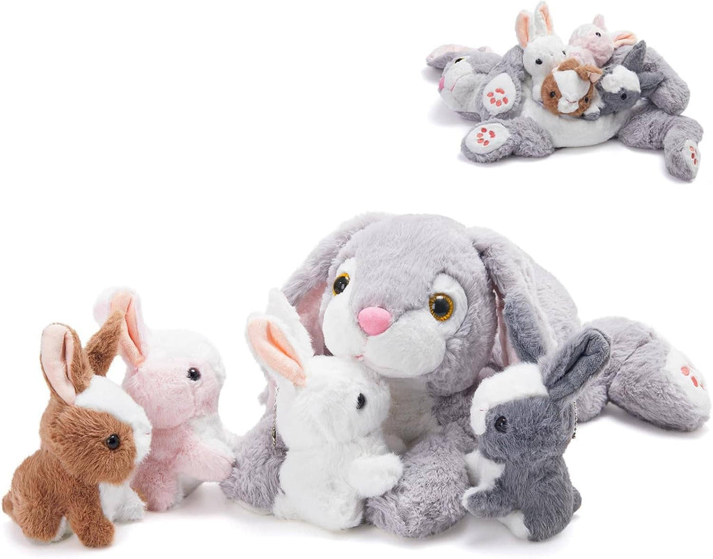 Plush bunny plush set with large grey bunny and four smaller bunnies in grey, white, pink, brown