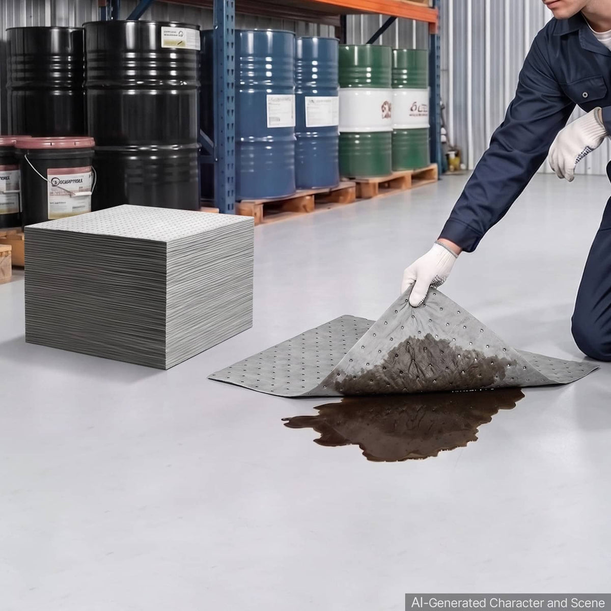 Gray oil absorbent pad laid on warehouse floor near spill, with dark absorbed liquid