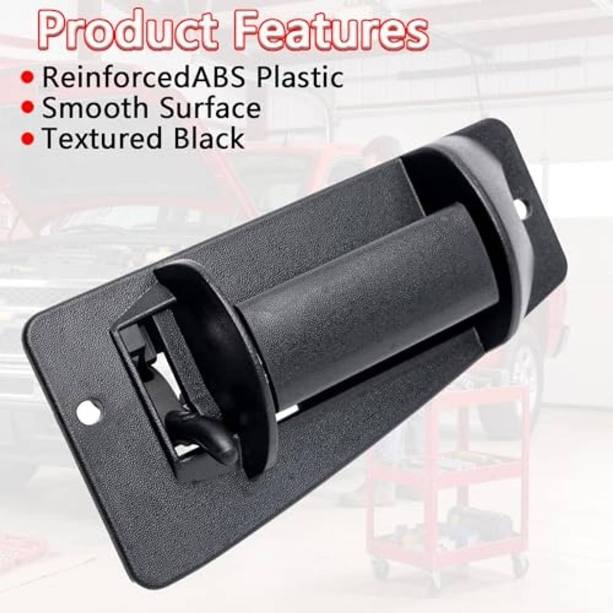 Black textured exterior door handle with smooth lever sleeve and latch opening