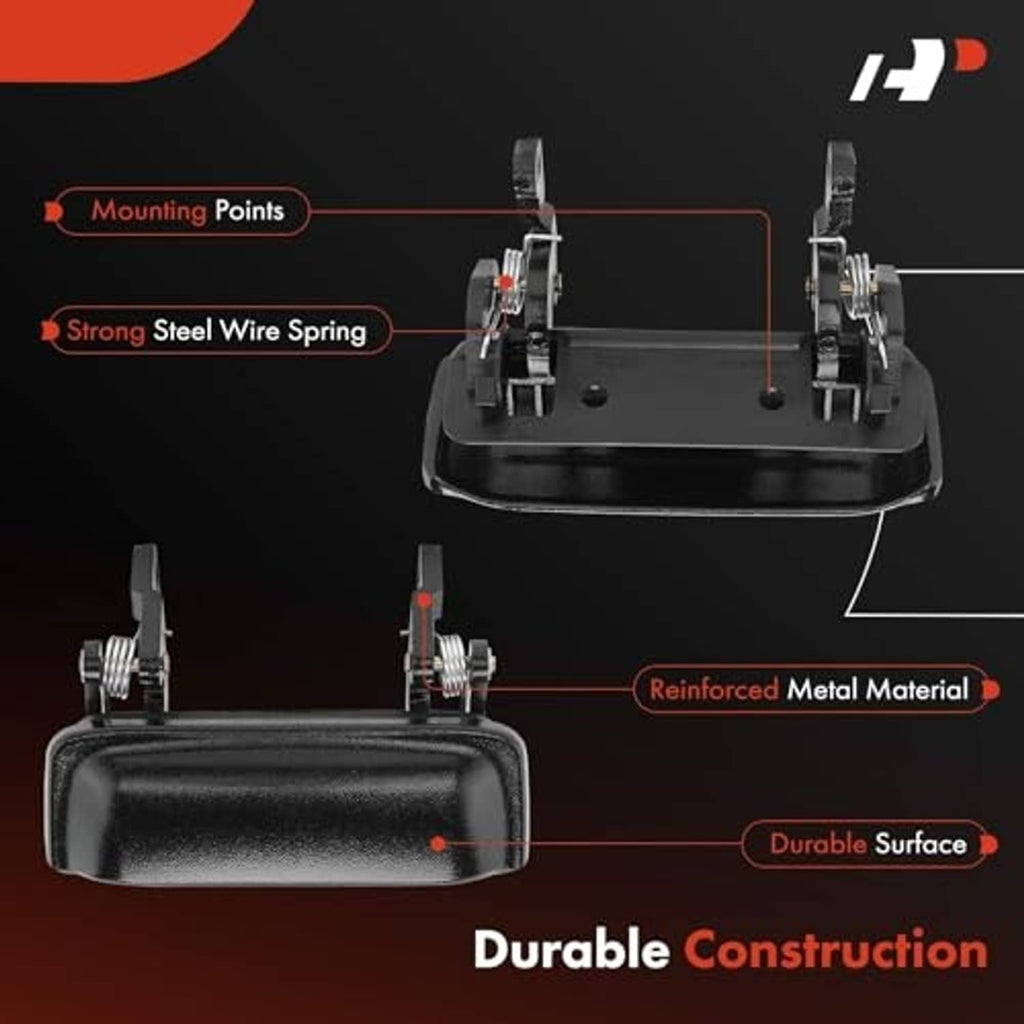 Durable front exterior door handle with reinforced metal spring and mount points