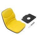 Yellow tractor seat cushion with black edging and mounting hardware, curved backrest