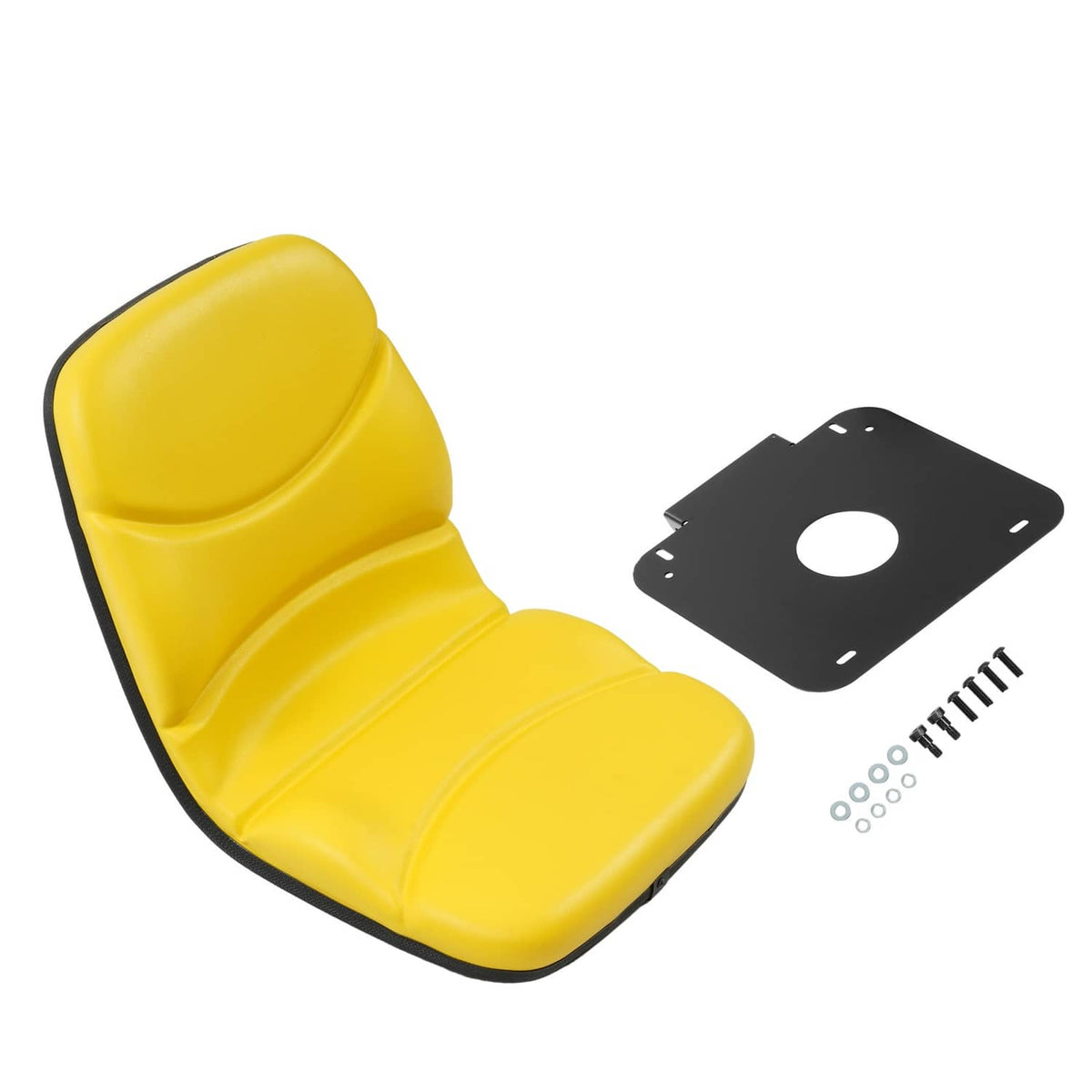 Yellow tractor seat cushion with black edging and mounting hardware, curved backrest
