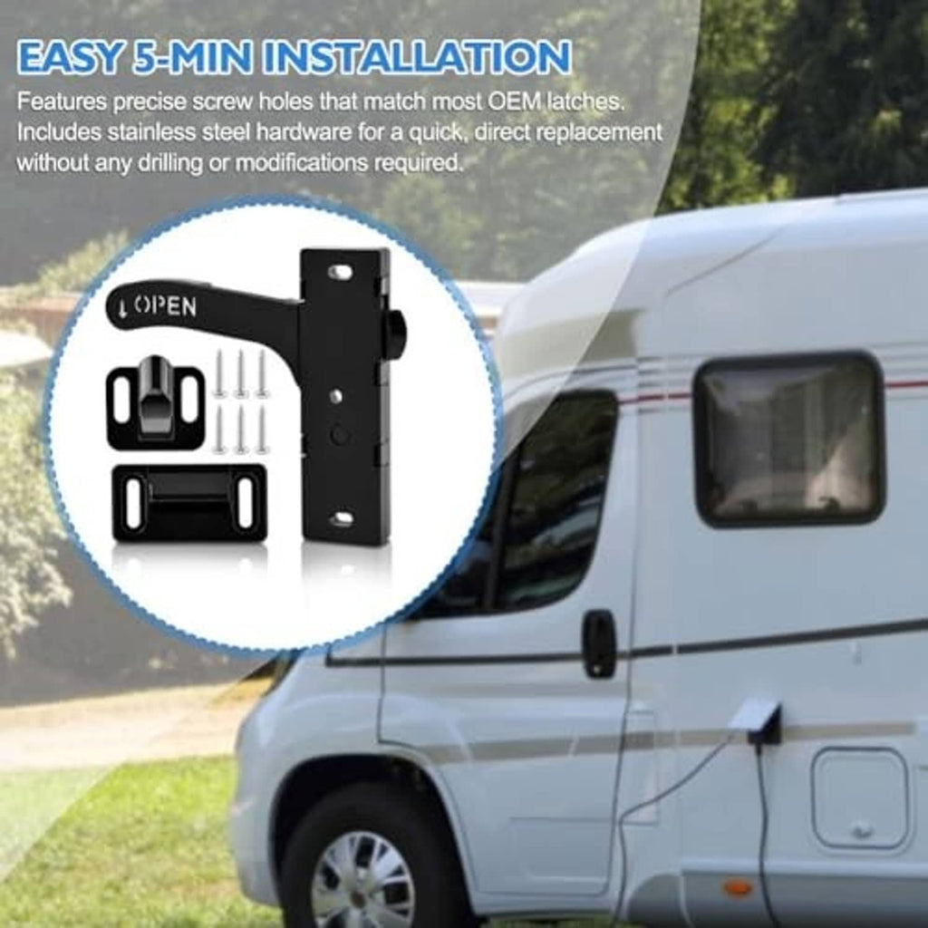 Black RV screen door latch replacement kit with open handle and included stainless screws