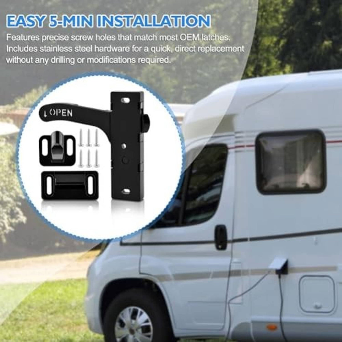 Black RV screen door latch replacement kit with open handle and included stainless screws