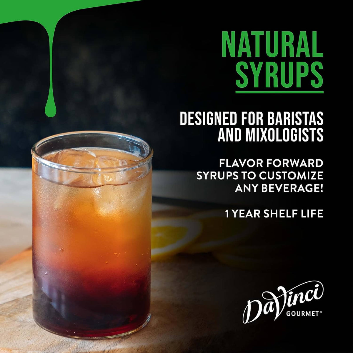 Lavender syrup drink in a clear tumbler with ice cubes