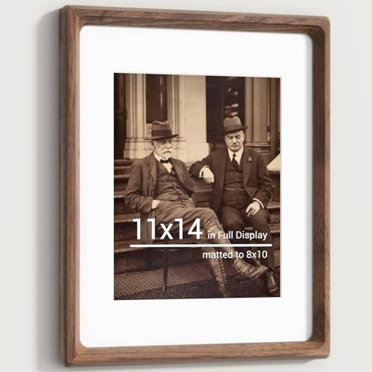 Front view of natural walnut 11x14 picture frame with white mat insert