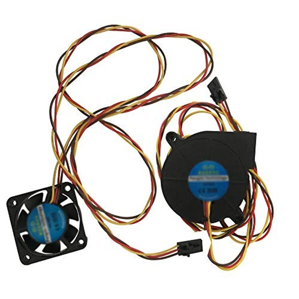 Two DC cooling fans, black fan frames with blue center labels and wire harness