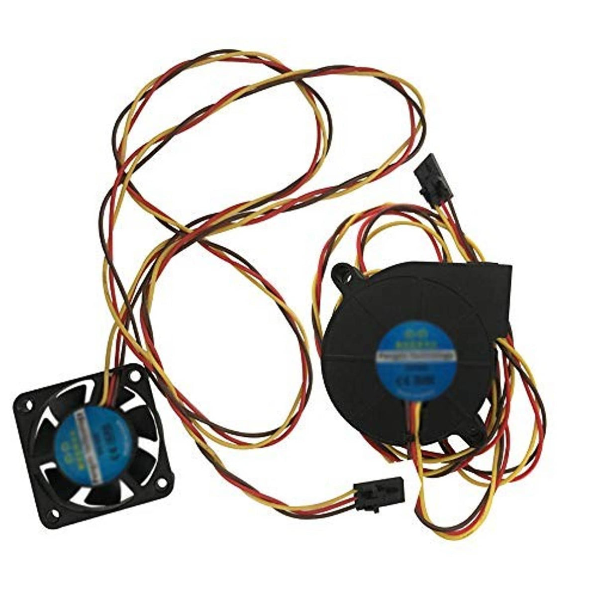 Two DC cooling fans, black fan frames with blue center labels and wire harness