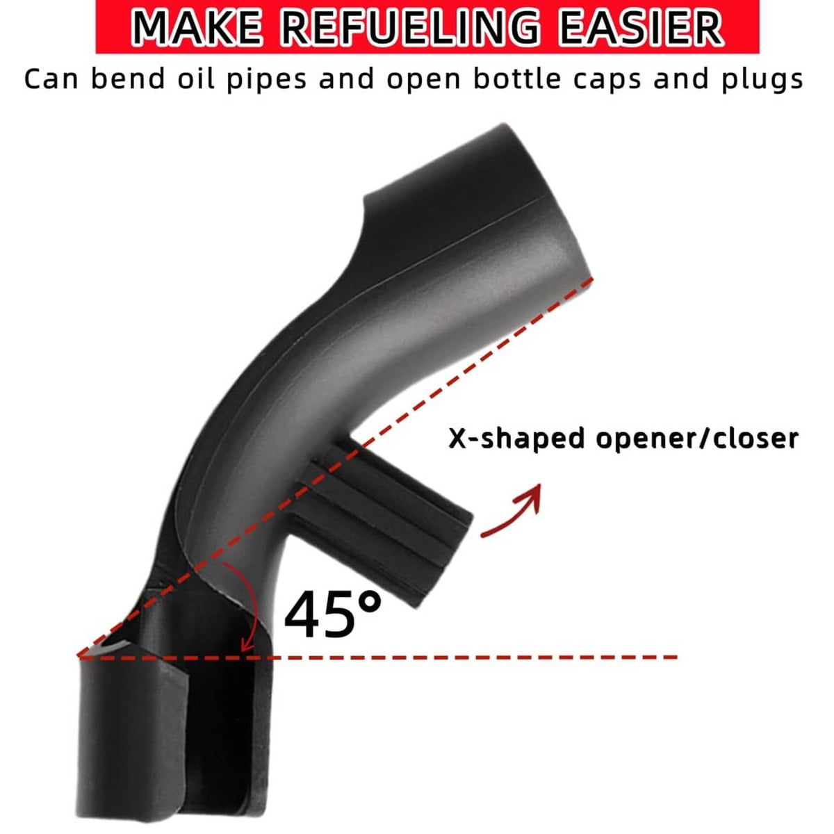 45-degree black pipe bender with x-shaped opener/closer for fuel hose and bottle caps.