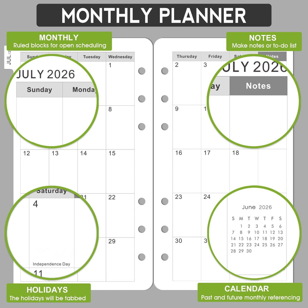 Two-page A6 monthly planner refill insert with July 2026 and August 2026 calendar spreads