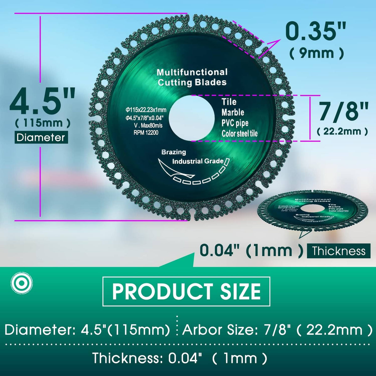 Green 4.5 in diamond cutting disc with 7/8 in arbor and 0.04 in thickness, center hole