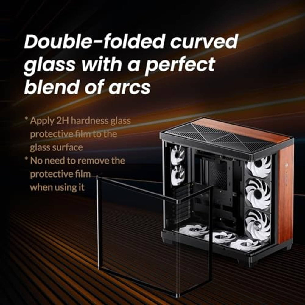 Mid-tower PC case with curved tempered glass front and side, black interior and wood accents