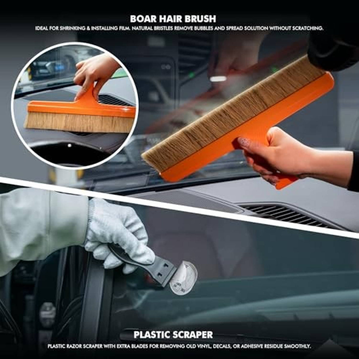 Orange boar-hair brush and plastic scraper tool for cleaning vehicle glass