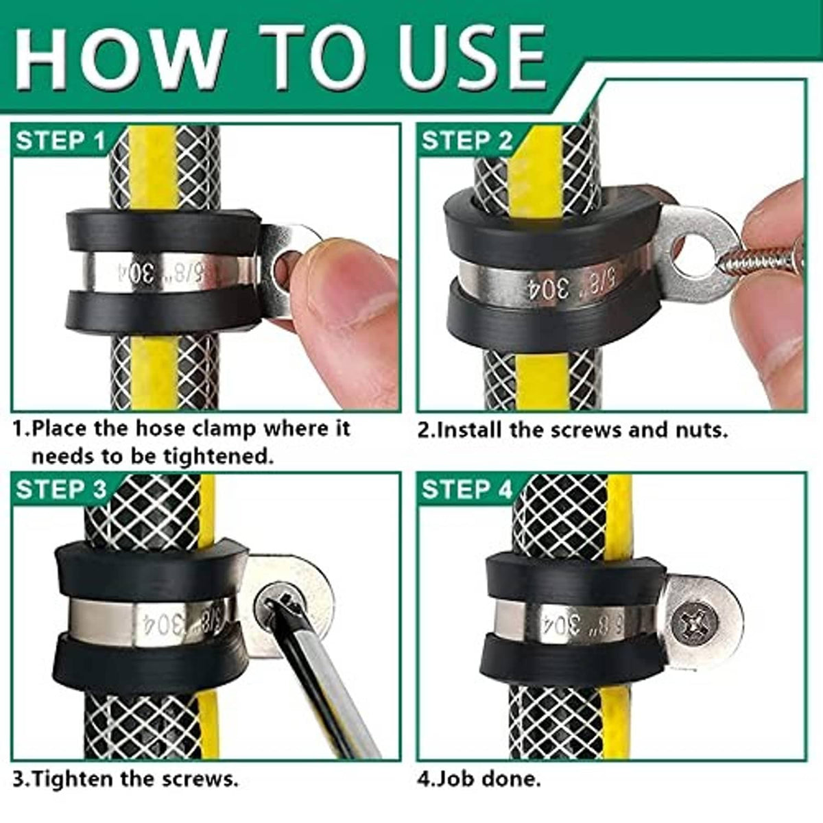 Cable clamp fastening a hose with screws, black rubber-lined U-band and metal bracket
