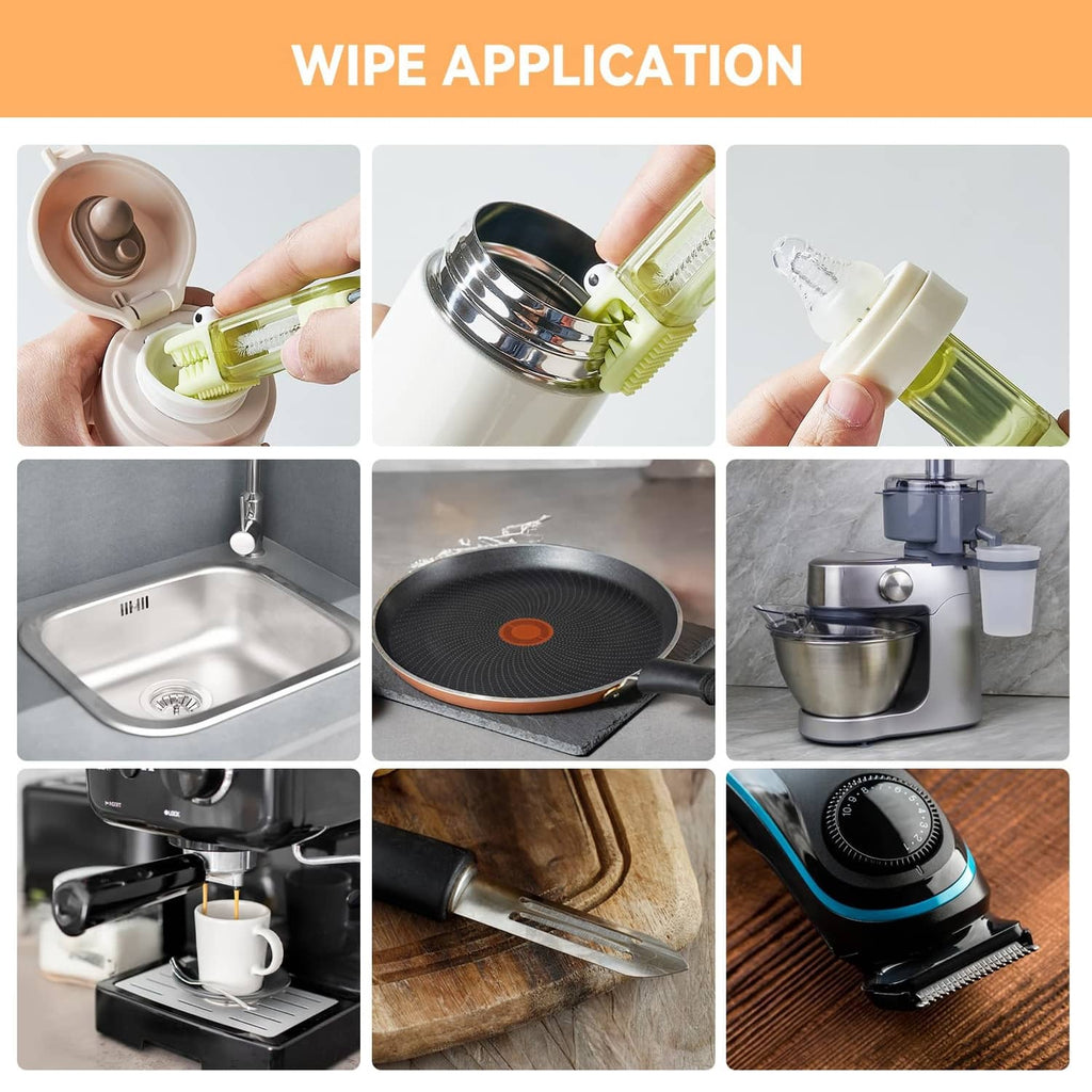 Green cup cleaning brush showing wipe-clean use on cup and kitchen surfaces