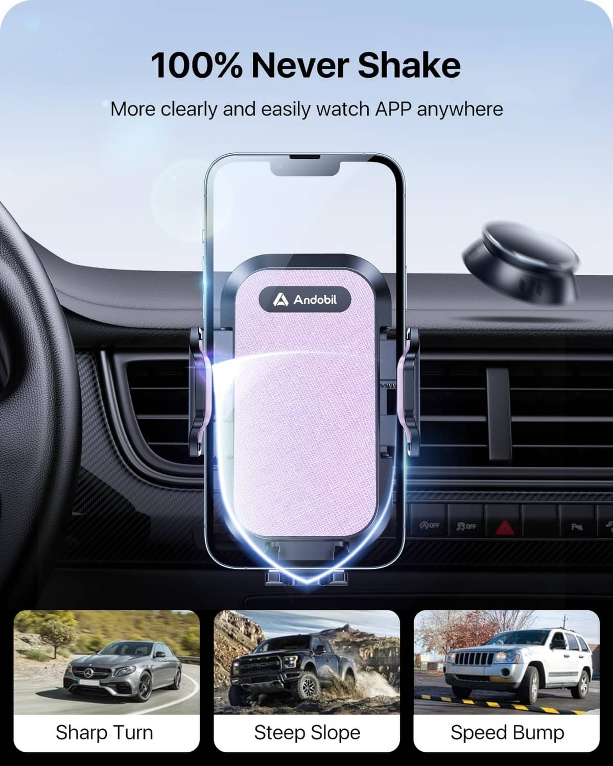 Car phone holder on dashboard air vent holding a phone with protective shield