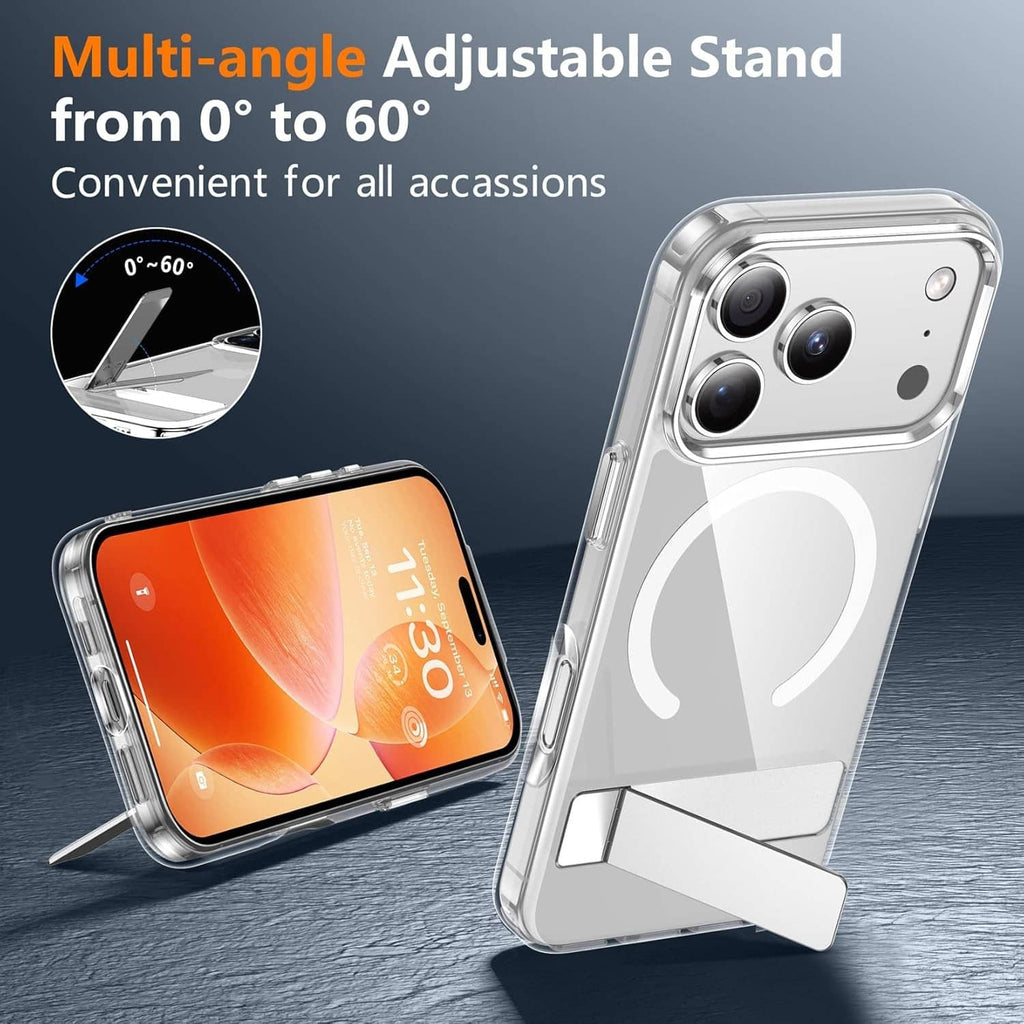Clear iPhone case with multi-angle adjustable stand and transparent back panel