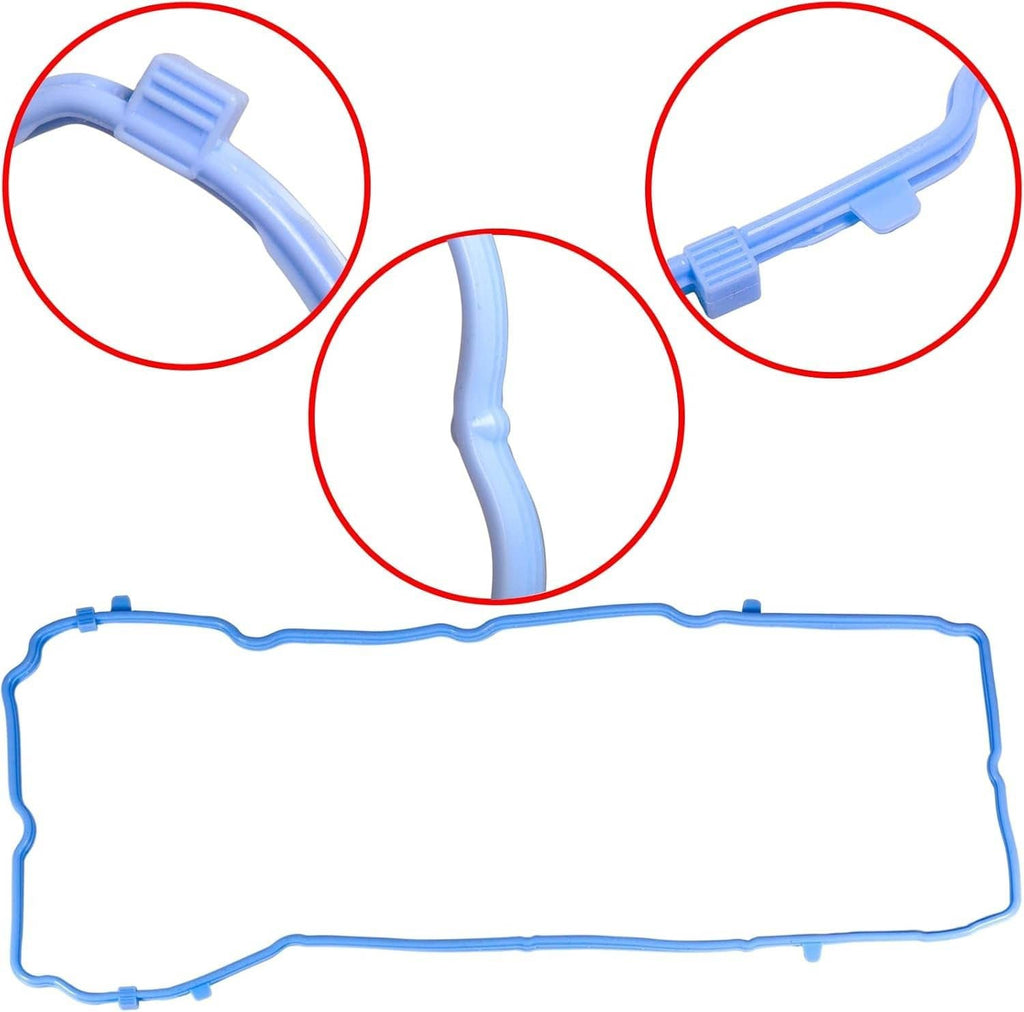 Blue valve cover gasket with ribbed hose-like ports and sealing rings, close-up.