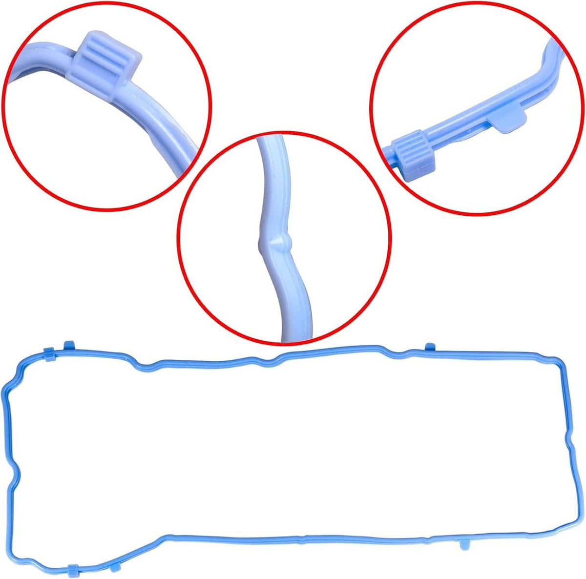 Blue valve cover gasket with ribbed hose-like ports and sealing rings, close-up.
