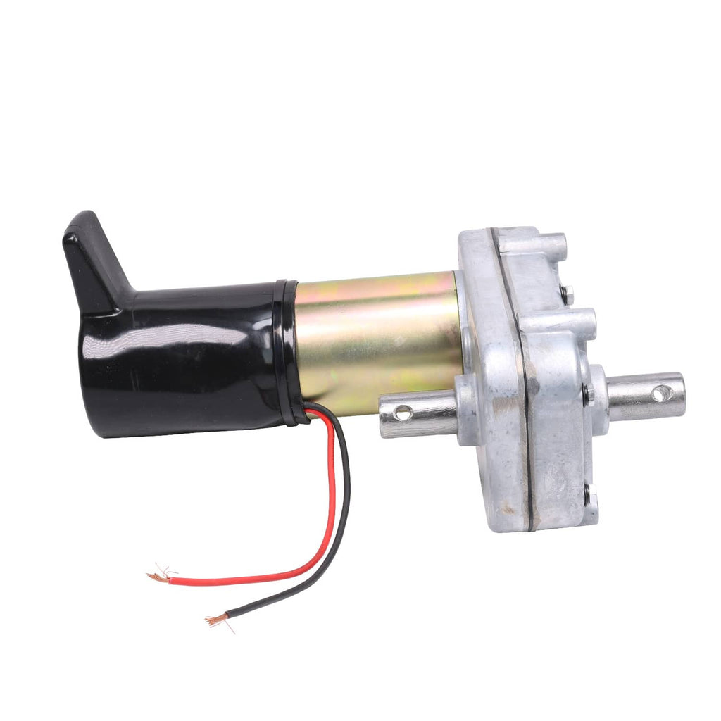 RV slide-out motor with black housing and metallic cylinder, side view with shaft