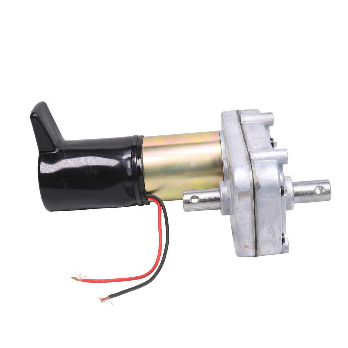 RV slide-out motor with black housing and metallic cylinder, side view with shaft