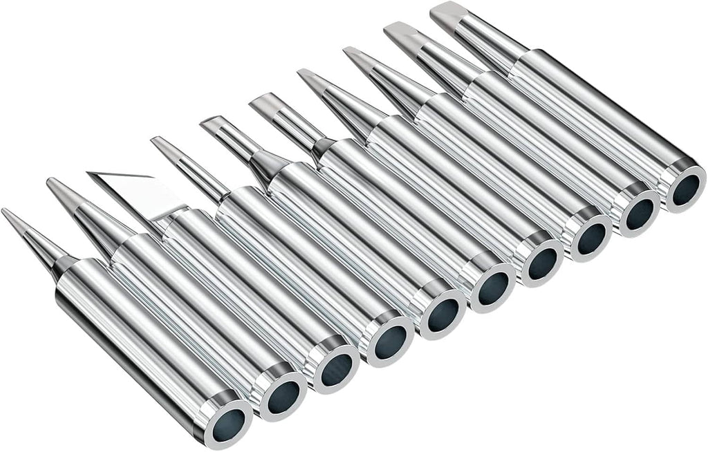 10 replacement soldering iron tips with silver shafts and dark oval openings