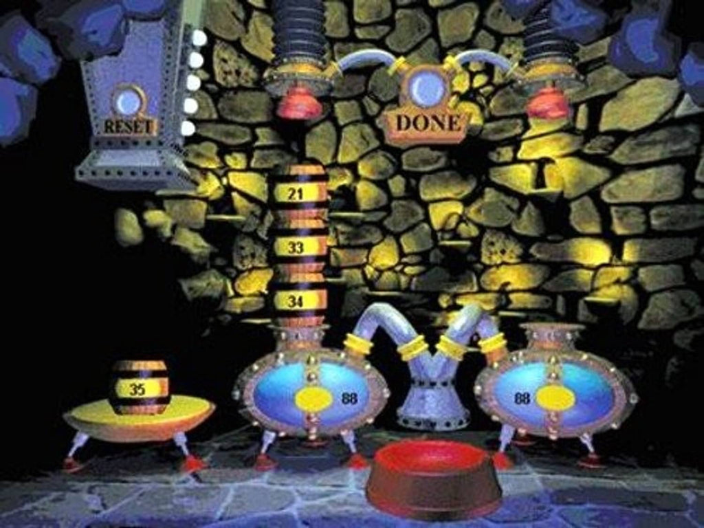 Math puzzle game screen with stone room, buttons, and numbered controls
