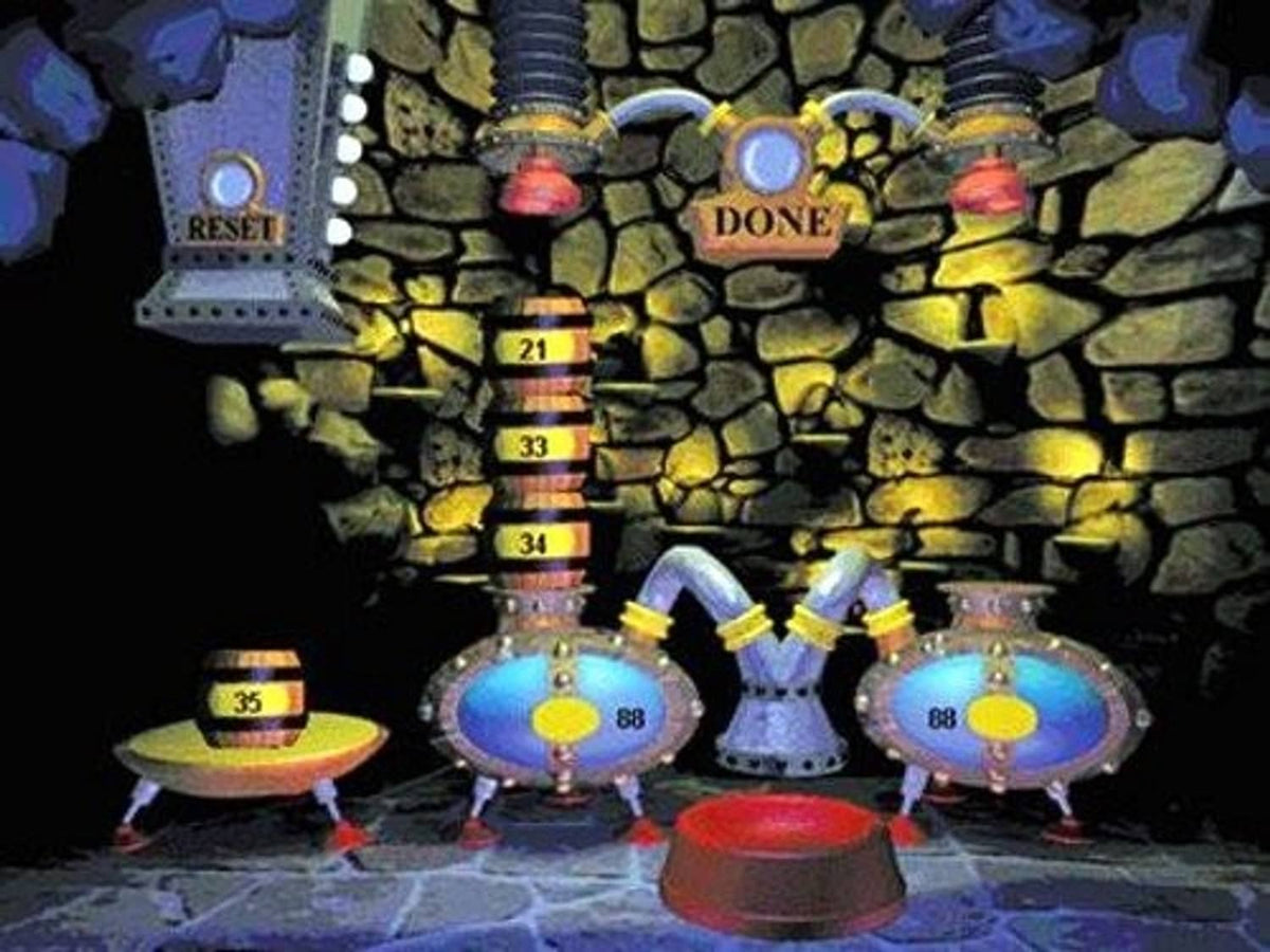Math puzzle game screen with stone room, buttons, and numbered controls