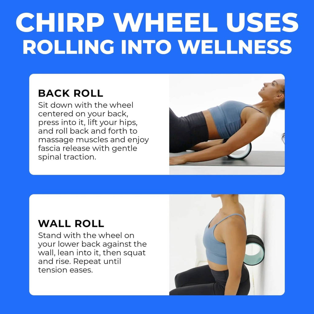 Mint and black foam roller back stretcher in back roll and wall roll positions