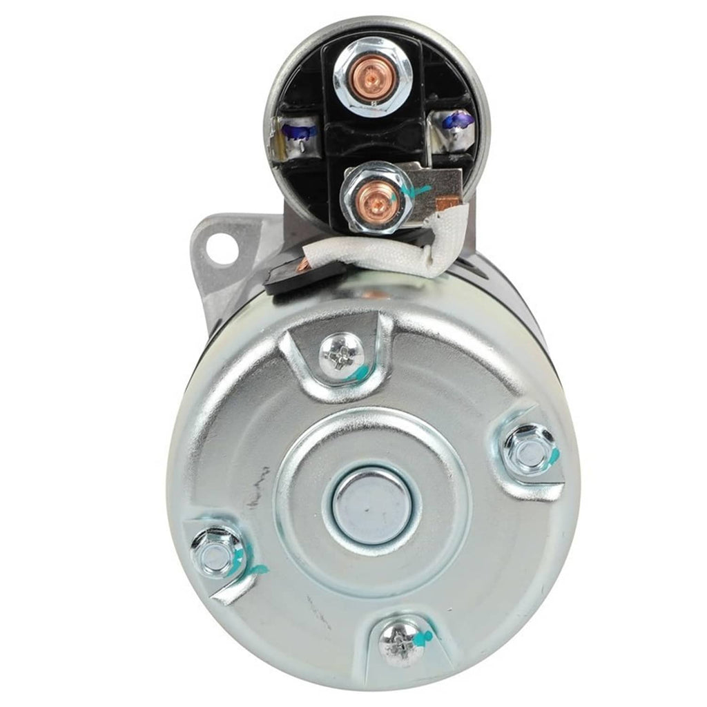 Starter motor rear with round terminal cover, copper connections inside silver housing