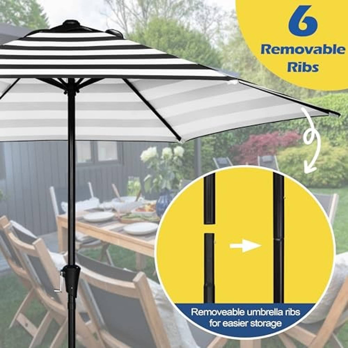 Patio market umbrella with striped canopy and 6 removable ribs for easy storage