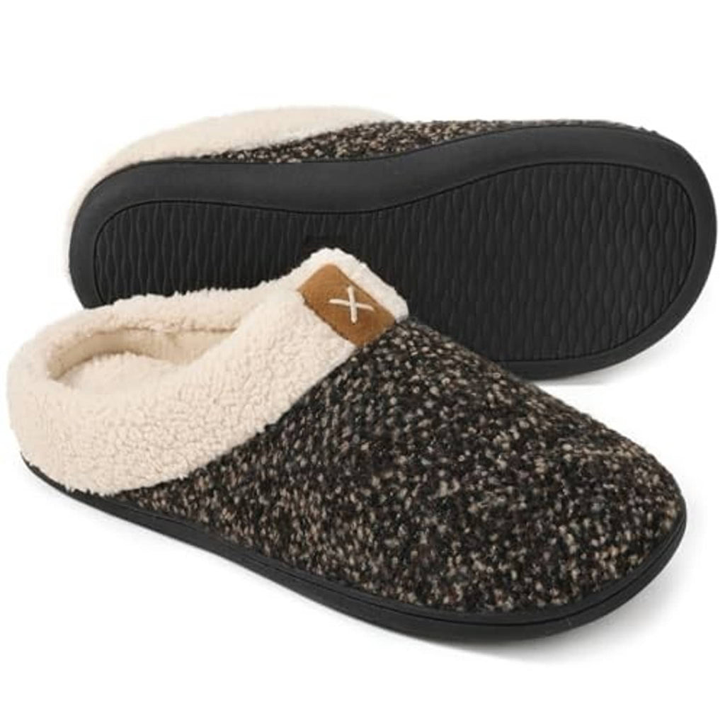 Men’s slip-on slippers with dark speckled textured upper, sherpa lining, cushioned sole
