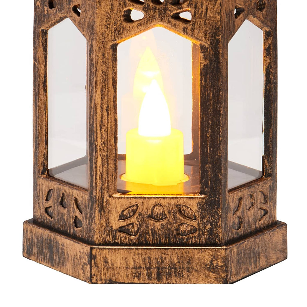 Bronze decorative lantern with three glass panels and LED flameless candle