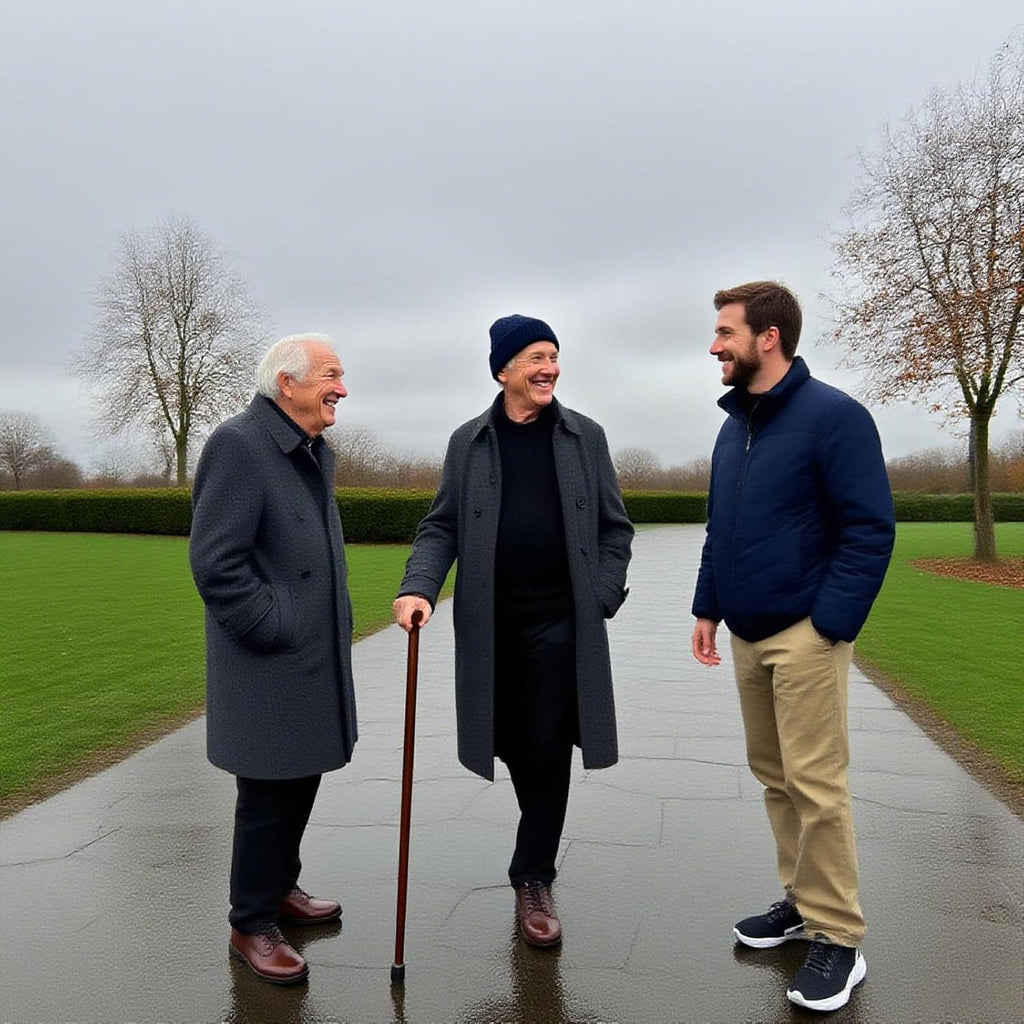 Wooden walking cane used by an older man standing outdoors