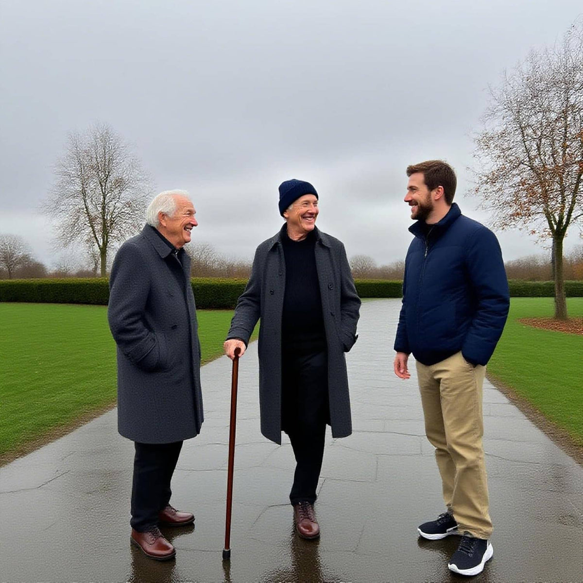 Wooden walking cane used by an older man standing outdoors