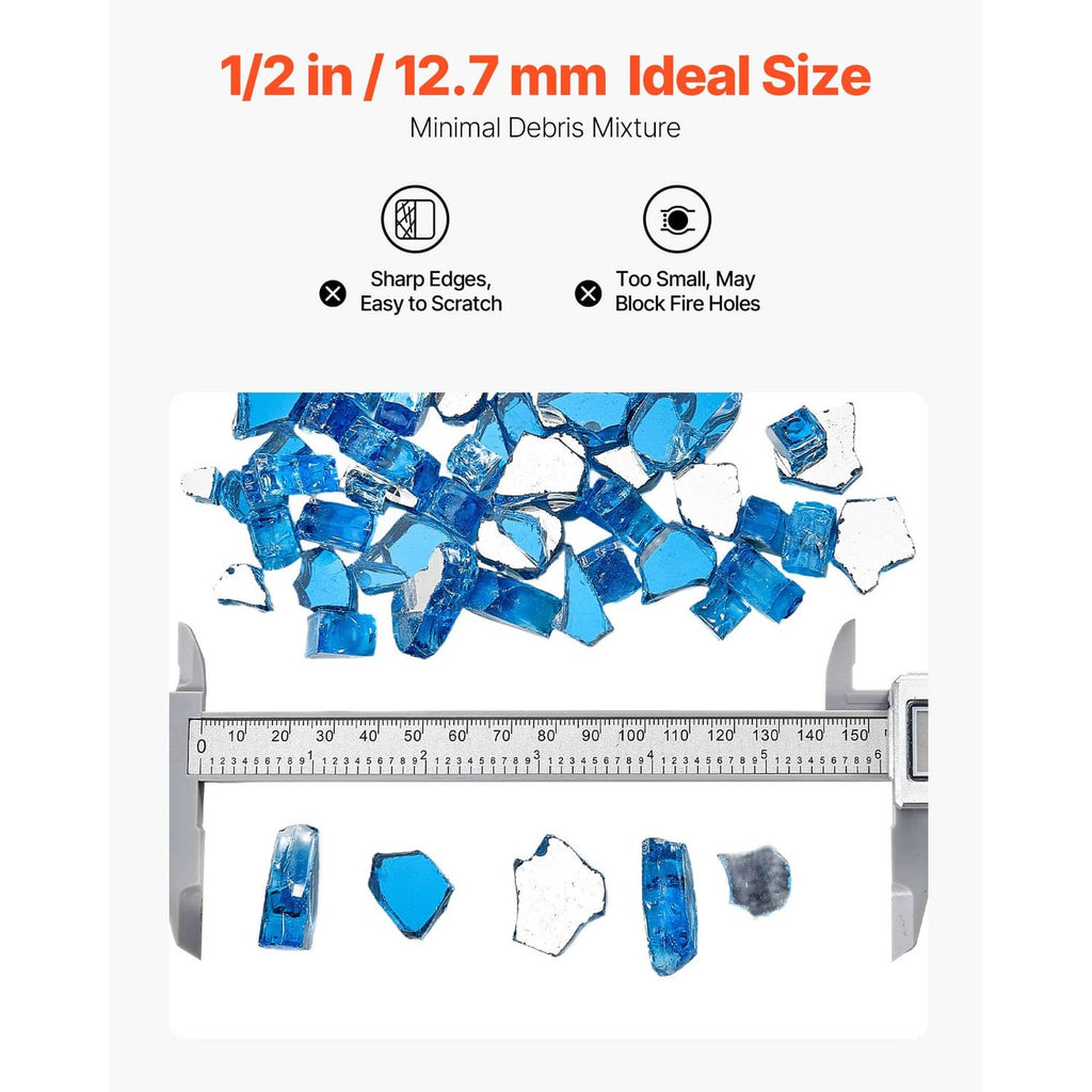 Pacific blue crushed glass rocks, plus size and edge details shown on layout.