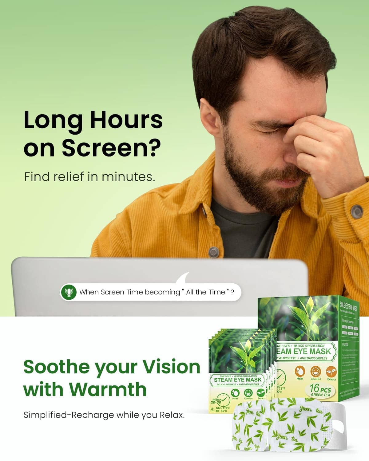 Green tea eye mask pack with 16 warming pads and a folded white leaf-pattern mask