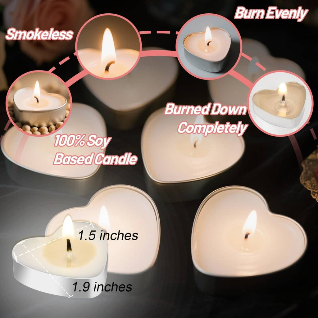 Close-up of lit white heart-shaped tea candles in soy wax, showing sizes