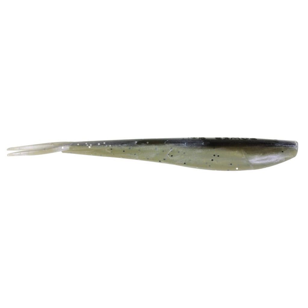 Shad-style soft plastic fishing lure, dark top with speckled body and pale tail fin