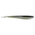 Shad-style soft plastic fishing lure, dark top with speckled body and pale tail fin