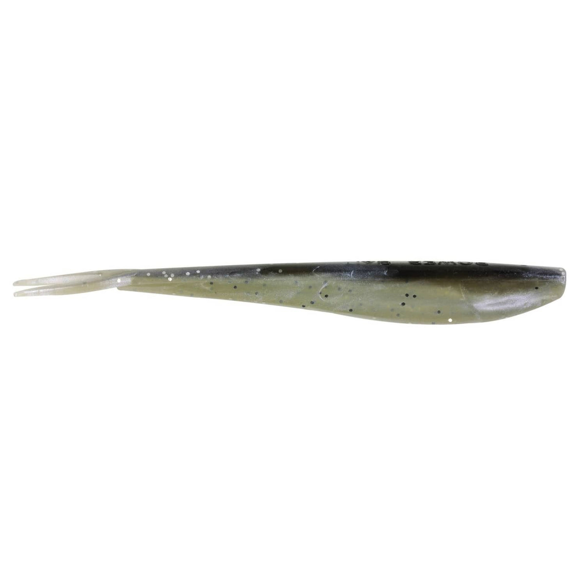 Shad-style soft plastic fishing lure, dark top with speckled body and pale tail fin