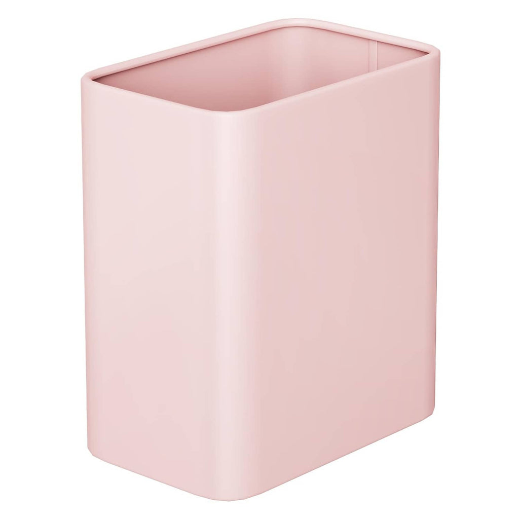 Pink bathroom trash can with open top, square shape, smooth sides