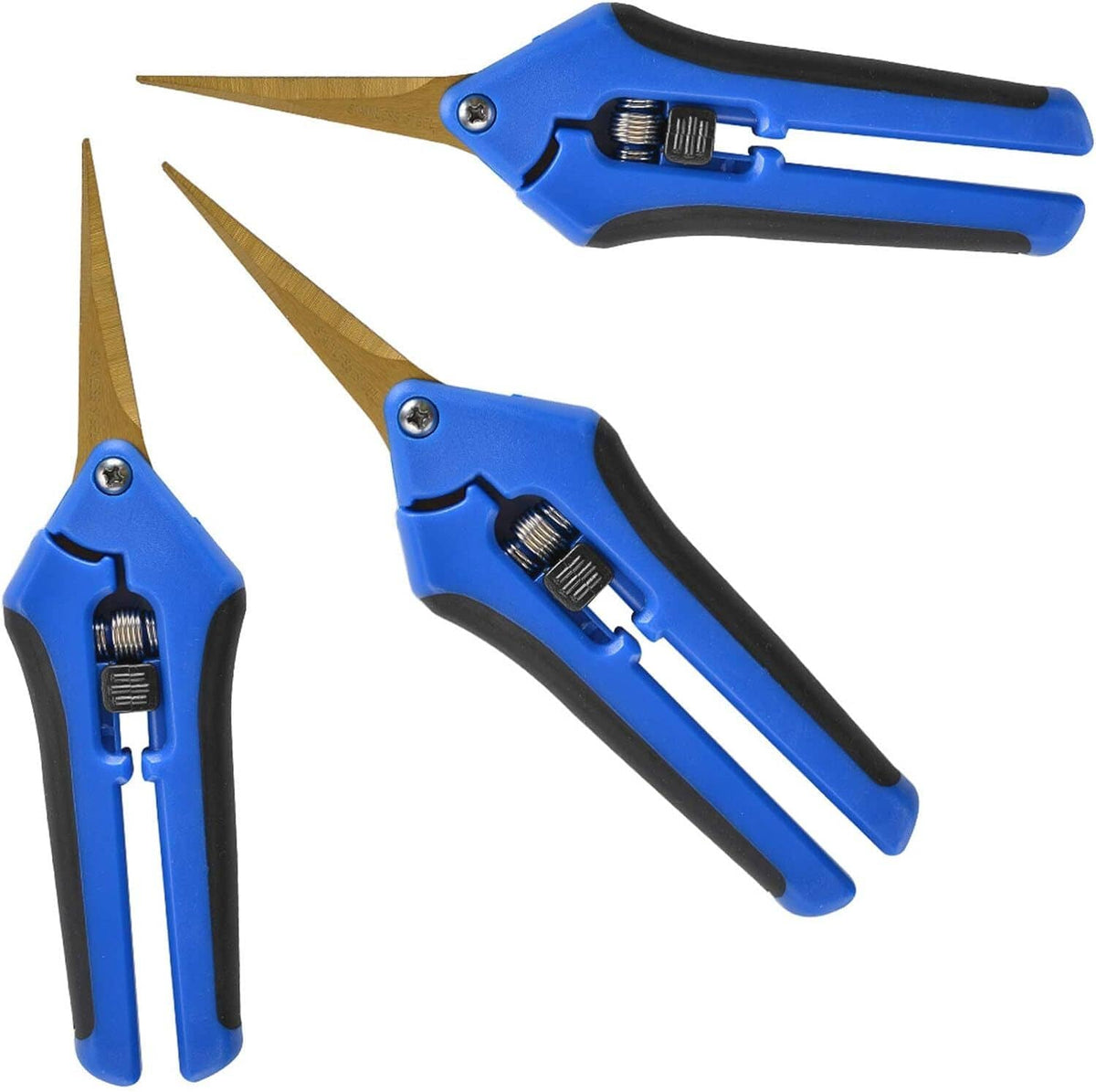 Blue pruning shears with golden blades and black grip handles