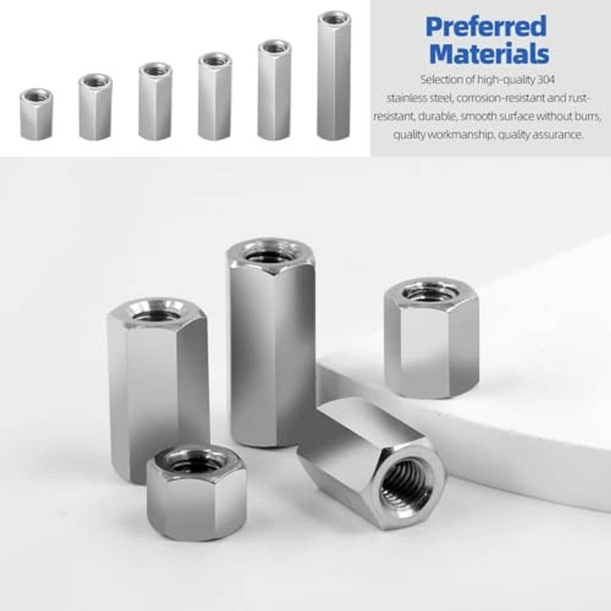 304 stainless steel extended hex coupling nuts arranged with visible threads