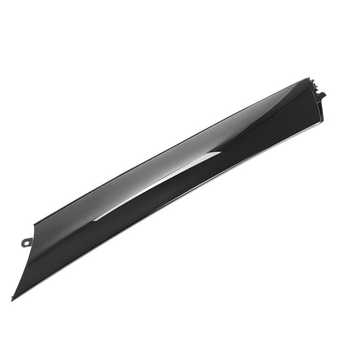 Windshield pillar trim molding, glossy black with silver side stripe and mounting tabs